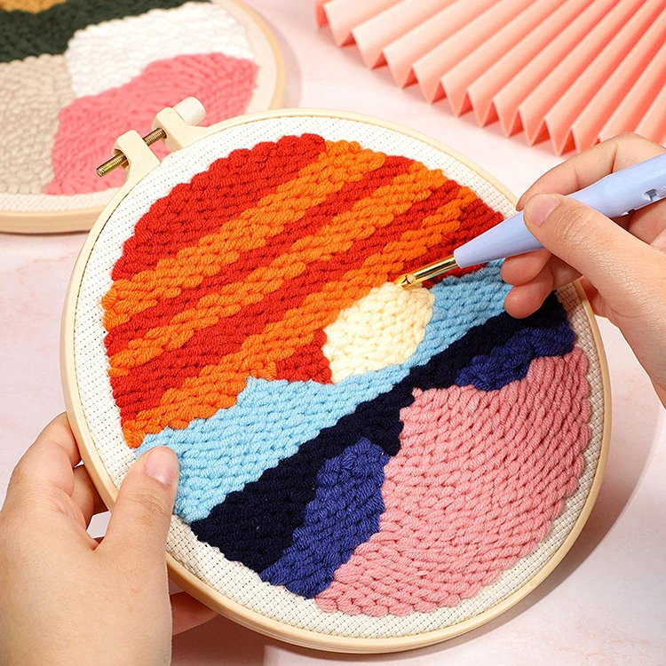 Magic DIY Embroidery Punch Needle Tools Pen Cross Stitch Knitting Tool Punch Needle Embroidery Gun Wooden Hoop Punching Sewing Needlework Kits Set Kids Adults