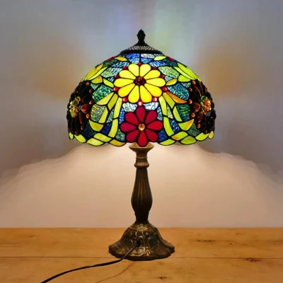 Lampe de table Tiffany 30 cm en forme de fleur E27 pour chambre à coucher, éclairage de chevet en mosaïque (WH